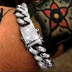 Silver Plated Bracelet 10 mm. x 8 in. CZ Diamond Men's Vtg Fashion Birthday Gift